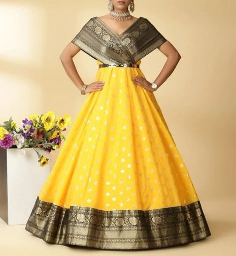 Upcycle Your Old Sarees Into New Outfits: New Trends – Dressup and Blossom Long Skirt Top Designs, Frocks And Gowns, Lehenga Saree Design, Long Gown Design, Lehenga Designs Simple, Simple Gowns, Kids Frocks Design, Long Dress Design, Indian Dresses Traditional