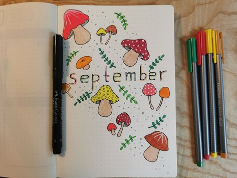 Mushroom Bujo Cover, Mushroom Bullet Journal Theme, Bullet Journal Mushroom Theme, Mushroom Bujo, Journal September Cover, September Bujo Cover, September Drawings, Mushroom Bullet Journal, September Cover Page