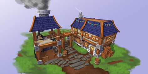 ArtStation - Fantasy Blacksmith - Concept Environment Props, Blue Roof, Bg Design, Cartoon House, Medieval Houses, Building Concept, Isometric Art, Isometric Illustration, Fantasy House