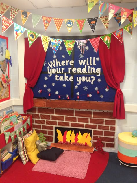 My winter reading corner #readingcorner #read #fireplace School Book Corner Ideas, Kindergarten Reading Corner Ideas, Preschool Library Center Ideas Reading Corners, Reading Corner For Kindergarten, Classroom Library Corner, Year 1 Reading Corner, Reading Corner For Classroom, Book Corners Classroom Reading Areas, Reading Corners Classroom