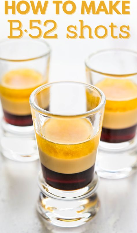 3 B-52 shots in glasses. B52 Shot, Layered Shots, Irish Cream Coffee, Homemade Bar, Jo Cooks, Creative Cocktail, Shot Recipes, Sweet Recipes Desserts, Grand Marnier