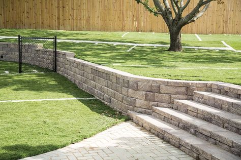 Retaining Wall Before And After, Retaining Wall Behind Pool, Retaining Wall Sloped Backyard, Sloped Yard Landscaping, Sloped Landscaping, Keystone Retaining Wall, Slope Garden, Retaining Wall Patio, Retaining Wall Steps