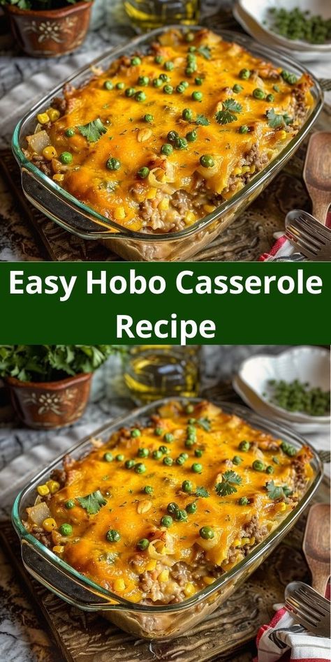 Hobo Casserole: Comfort food with ground beef, cheese, and potatoes. Quick, easy, and ideal for family dinners. Hobo Casserole, Ground Beef Potatoes, Recipe With Ground Beef, Potatoes And Cheese, Beef Potatoes, Yummy Casserole Recipes, Hearty Casseroles, Beef And Potatoes, Beef Casserole Recipes