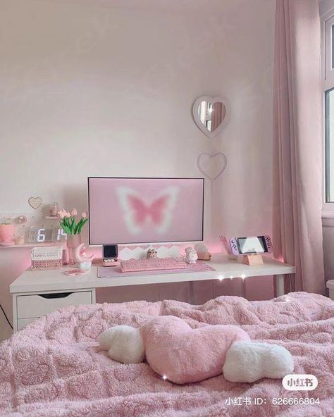 bedroom decor inspo white pink minimalistic drawer aesthetic heart shaped cushion pillow pc computer desk setup accessories led clock ID：626666804 Light Pink Rooms, Rich Khaleeji, Pink Computer, Hermes Style, Jewelry Lifestyle, Pink Room Decor, Computer Desks, Matching Patterns, Girly Room