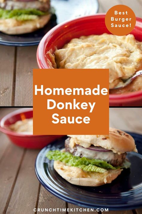 This homemade donkey sauce is a Guy Fieri original and I have to give him credit. It's might just be the best burger sauce out there! crunchtimekitchen.com #burgers #donkeysauce #guyfieri #condiments Steak Sandwich Sauce, Sauce For Burgers, Best Burger Sauce, Donkey Sauce, Garlic Aioli Sauce, Easy Sauce Recipe, Soups For Kids, Sandwich Sauces, Aioli Sauce