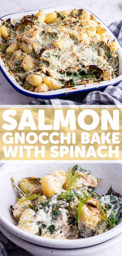 Salmon And Gnocchi Recipes, Salmon Gnocchi, Mascarpone Sauce, Gnocchi Bake, Spinach Bake, Canned Salmon, Baked Gnocchi, Shellfish Recipes, Winter Dinner Recipes