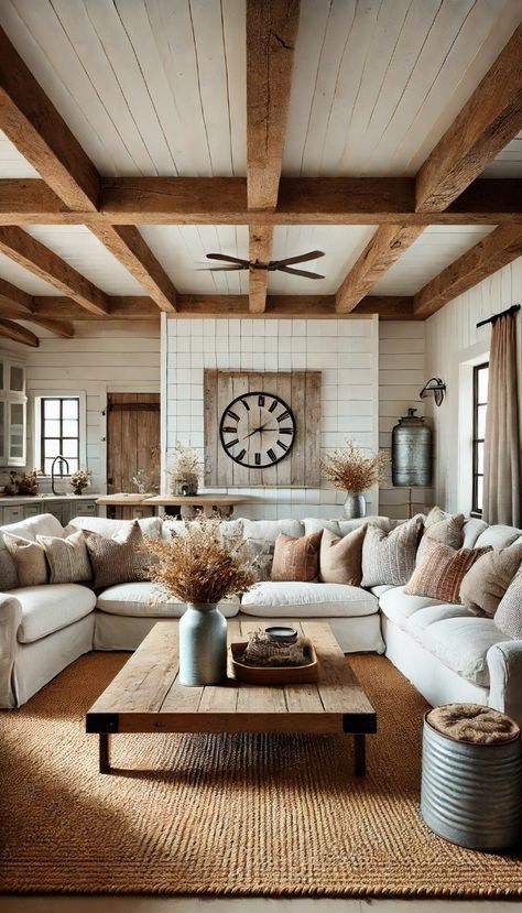 White Plank Ceiling Living Room, Open Beam Ceiling Living Room, 9ft Ceilings Living Room, Wooden Beams Ceiling Living Room, Rustic Beams Ceiling, Living Room With Wood Ceiling, Wood Beam Ceiling Living Room, Farmhouse Interior Design Living Room, Interior Brick Wall Ideas