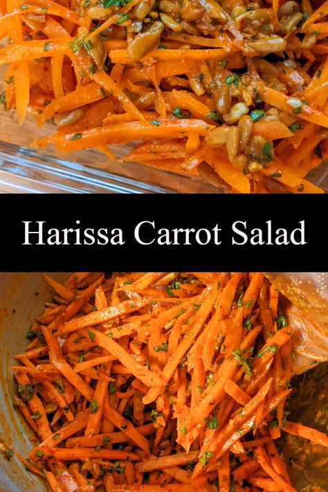 shredded carrots tossed in harissa sauce and sunflower seeds Harissa Recipes Vegetarian, Vegan Harissa Recipes, Harissa Vegetables, Recipes With Harissa, Harissa Carrots, Great Side Dishes, Harissa Salmon, Carrots Recipes, Sunflower Seeds Benefits