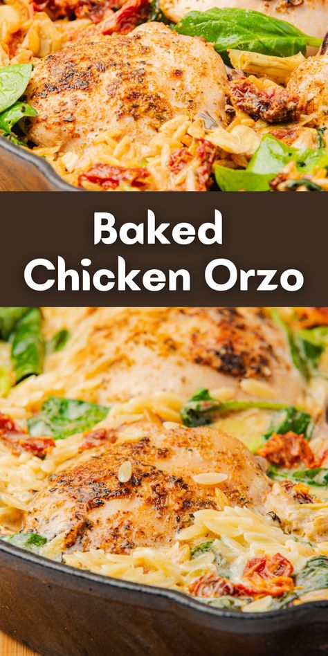 Looking for easy one pot meals? This oven baked chicken orzo recipe is packed with flavor! Made with chicken thighs, orzo, and veggies in a creamy Parmesan sauce. Perfect for a comforting family dinner! Try this simple, delicious chicken and orzo bake tonight! Oven Only Dinners, Chicken Orzo Zucchini, One Pan Orzo Tuscan Chicken Bake, Lemon Chicken With Orzo Recipe, Baked Chicken Orzo, Chicken With Couscous Recipes, How To Make Orzo, Chicken Orzo Boursin Recipes, Best Orzo Recipes