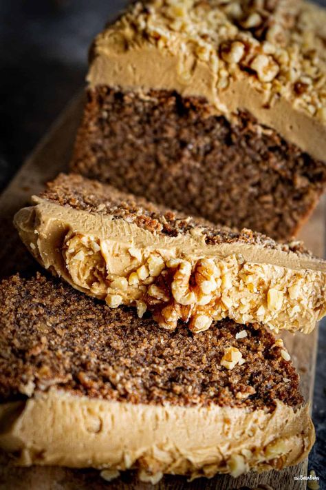 Toffee Nut Latte Cake, Apple Butter Loaf Cake, Walnut And Coffee Cake, Coffee Walnut Loaf, Loaf Birthday Cake, Coffee And Walnut Loaf Cake, Loaf Tin Cakes Recipes, Coffee Loaf Cake Recipes, Coffee Walnut Cake Recipe