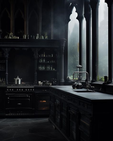 Goth Victorian Kitchen, Gothic Apartment Ideas, Modern Gothic Kitchen Interior Design, Gothic Castle Aesthetic Interior, Gothic Architecture Kitchen, Victorian House Kitchen, Modern Gothic House, Gothic Apartment, Dark Castle Interior Fantasy Art