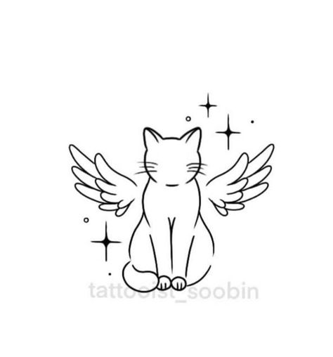 Winged Cat Tattoo, Cat Angel Drawing, Angel Cat Drawing, Cat Doodle Tattoo, Cat Angel Tattoo, Angel Cat Tattoo, Angel Doodle, Gato Angel, Kitten Tattoo