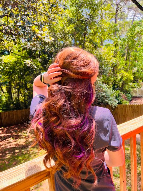 Ginger hair Red Hair With Lavender Money Piece, Ginger And Magenta Hair, Ginger Hair With Fun Colors, Natural Red Hair With Purple Peekaboos, Ginger Hair Peekaboo, Ginger With Pink Underneath, Redhead With Purple Highlights, Peekaboo Hair Color For Redheads, Auburn Hair With Colored Streaks