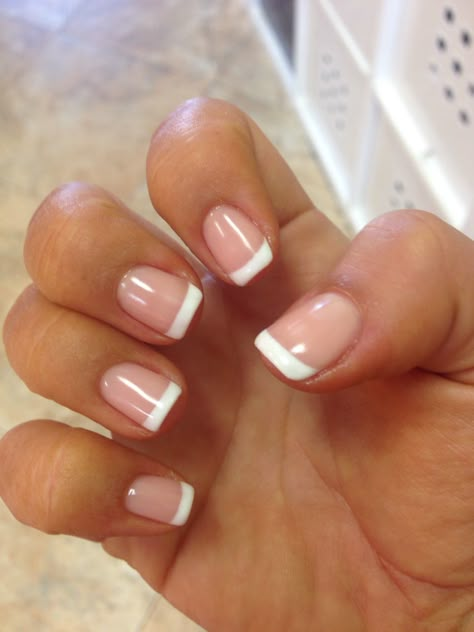 Gel Polish Nail French Tip, Dip With Tip French Nails, Bio Gel French Tip, French Nails Regular, French Tip Square Round Nails, Gel Nail Extensions French Tip, Shorty French Tips, Regular French Tip Nails Short, Shellac Nail French Tip