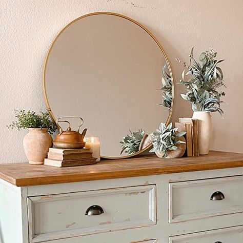 Round Mirror In Kitchen, Circle Gold Mirror Living Rooms, Round Mirror Entryway Gold, Gold Circle Mirror Bedroom, Small Gold Round Mirror, Small Gold Round Mirror Thick Frame, Gold Circle Mirror, Gold Cirle Mirror, Mirror Decor Ideas