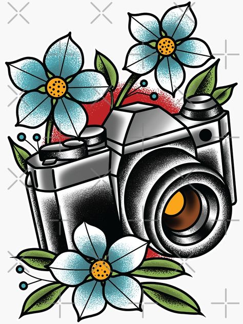 Traditional Tattoo Camera, Vintage Camera Tattoos, Traditional Tattoo Painting, Typewriter Tattoo, Traditional Tattoo Stickers, Camera Tattoo Design, Vintage Flower Tattoo, Geometric Line Tattoo, Camera Tattoos