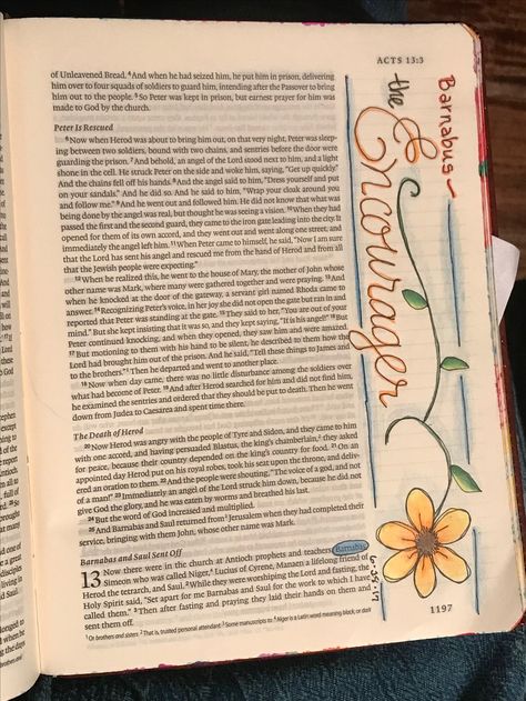 Acts 13 and 14. Barnabas, the Encourager. Sherrie Bronniman - Art Journaling: In My Bible Acts 13 Bible Journaling, Acts 5 Bible Journaling, Acts Chapter 2 Journaling, Acts 28:26-27, Acts Bible, Acts 8:26-40, Bible Journaling For Beginners, Faith Formation, Bible Doodling