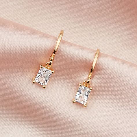 Avignon Emerald Cut Huggies - Gold Diamond Emerald Cut Earrings, Bridesmaids Earrings Gold, Wedding Day Jewelry Brides Earrings, Bridesmaid Accessories Jewelry Gold, Gold Bridal Accessories, Maid Of Honor Jewelry, Simple Bride Jewelry, Simple Gold Dangle Earrings, Wedding Earrings Bride Gold