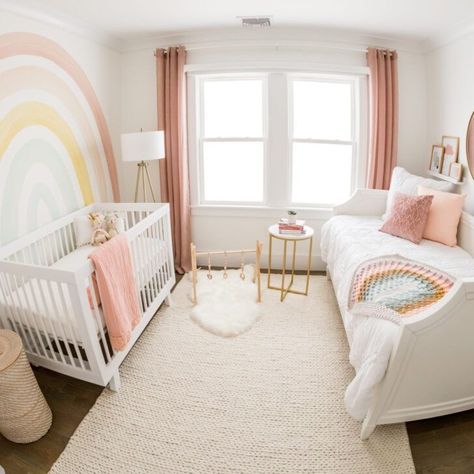 Sisters Shared Room, Color Schemes Bedroom, Baby And Toddler Shared Room, Furniture Design Bedroom, Furniture Ideas Bedroom, Rainbow Girls Room, Toddler And Baby Room, Bedroom Furniture Ideas, Shared Girls Room