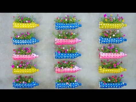 Recycle-plastic-bottles-into-vertical-flower-pot-Plastic bottles art and recycling-Plastic bottle planter ideas Plastic Bottle Plants Ideas, Diy Flower Pots Recycle Plastic Bottles, Recycled Pots For Plants, Plastic Bottle Flower Pot, Plastic Bottle Planter, Portulaca Grandiflora, Art Ideas For Teens, Pot Diy, Diy Jar