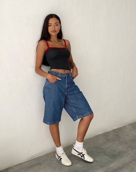 UP TO 50% OFF DENIM – motelrocks-com-us Baggy Jeans Shorts Outfit, Low Rise Jorts, Skater Shorts Outfits, Edgy Grandma, Jort Outfits, Jorts Aesthetic, Knee Length Denim Shorts, Skater Shorts, Summer Shorts Outfits