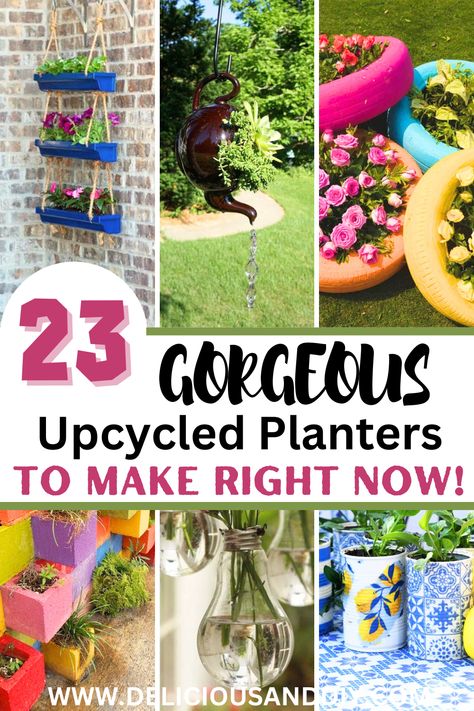 Outdoor Decoration and Planter Ideas Using Upcycled and Repurposed Items. Upcycle Outdoor Decor, Diy Planters Outdoor Upcycle, Creative Planter Ideas, Tin Can Planters, Can Planters, Recycled Garden Planters, Recycled Planters, Can Upcycle, Diy Planters Outdoor