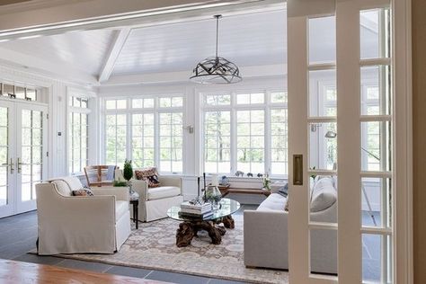 Sunroom with pocket french doors, lots of windows, high ceiling Modern Farmhouse Sunroom, Sunroom Makeover, Sunroom Windows, Family Room Addition, 4 Season Room, Four Seasons Room, Sunroom Addition, Sunroom Decorating, Sunroom Designs