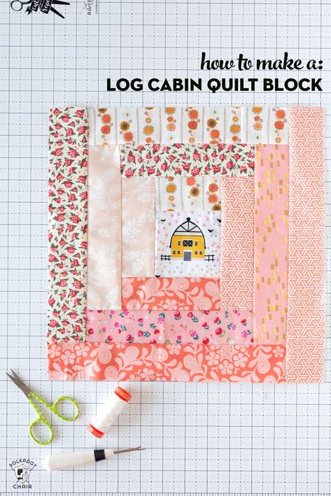 How to Make a Log Cabin Quilt Block | Polka Dot Chair Cabin Quilt Block, Free Baby Quilt Patterns, Log Cabin Block, Churn Dash Quilt, Log Cabin Quilt Blocks, Polka Dot Chair, Quilt Block Patterns Free, Cabin Quilt, Baby Quilt Patterns