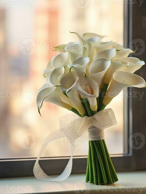 Calla lily wedding bouquet flower on blurred window background. AI Generated Calls Lilly Bouquet, Calla Lily Wedding Bouquet, Lily Wedding Bouquet, Bride Bouquets White, Window Background, Calla Lily Boutonniere, Calla Lily Bouquet Wedding, Calla Lily Wedding, Calla Lily Bouquet