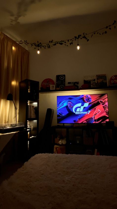 Worked hard on this, proud of it :) Constantly making sure i have a practical yet comforting “entertainment wall” in my room with a PS4, Apple TV, bose speaker system (that i cleverly hid inside shelves), and of course the vinyl/analog record corner which i’ll post more about soon Bedroom Tv Setup, Record Corner, Tv Ideas, Bedroom Tv, Entertainment Wall, Bedroom Corner, Corner Tv, Tv In Bedroom, In My Room