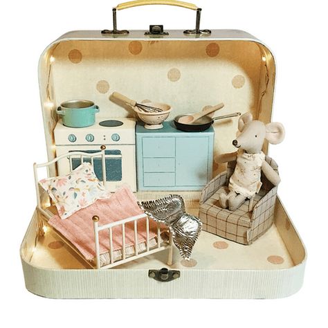 Extra Special Gifts Maileg Ballerina, Diy Doll Suitcase, Mushroom Nightlight, Suitcase Ideas, Princess Kitchen, Maileg Doll House, Gold Chairs, Cardboard Suitcase, Doll Suitcase