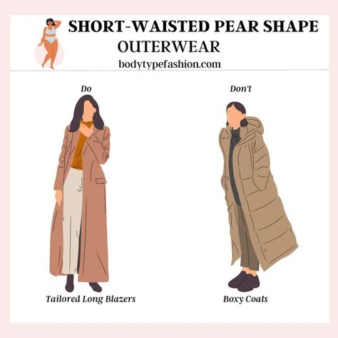 How to dress a short-waisted pear shape Jackets For Pear Shape, Outfits Pear Shaped Women, Pear Body Type, Pear Shaped Outfits, Pear Shaped Women, Pear Body, Pear Body Shape, Winter Capsule, Winter Capsule Wardrobe