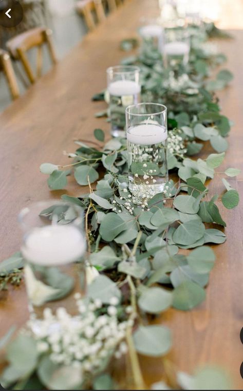 Simple Eucalyptus Centerpiece Wedding Table Decor, Wedding Decorations With Eucalyptus, Eucalyptus And Candles Wedding, Floating Candles Eucalyptus, Wedding Table Garland With Candles, Eucaliptus Decoration Table, Super Simple Wedding Decor, Simple Rustic Wedding Decorations Table, Long Table Centerpieces Wedding Simple