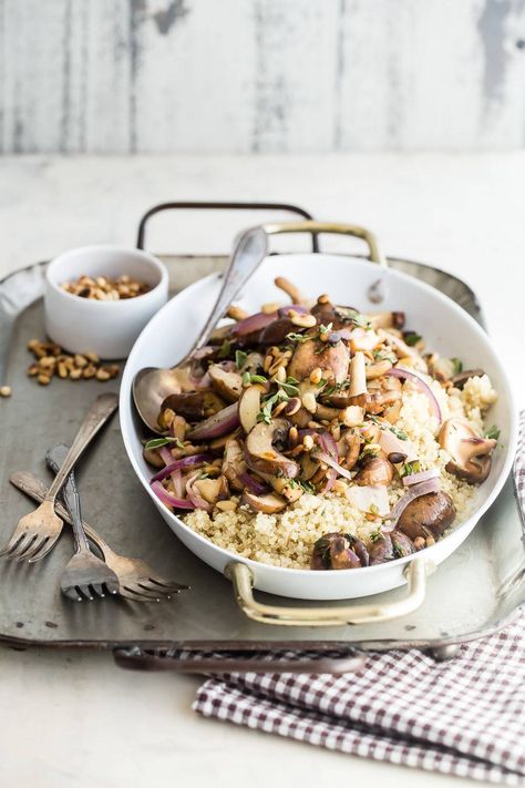 Healthy quinoa packed with buttery garlic mushrooms, fresh herbs, and toasted pine nuts! This is a vegetarian dream dinner but feel free to add some grilled chicken or beef too! #vegetarian #mushrooms #healthy #quinoa #recipes #foodnessgracious #easyvegetarianrecipes Quinoa Mushroom, Mushroom Quinoa, Healthy Quinoa, Cooked Quinoa, Veggie Dinner, Quinoa Healthy, Garlic Mushrooms, Toasted Pine Nuts, Garlic Recipes