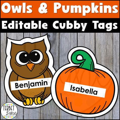 Fall Cubby Tags, Name Tags For Cubbies, Fall Name Tags, Cubby Name Tags, Cubby Tags, Owl Pumpkin, Table Labels, Bin Labels, Editable Labels