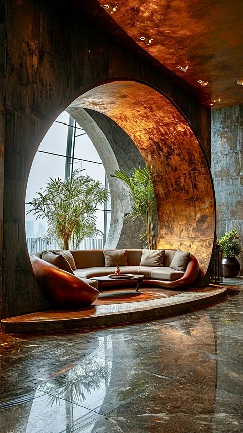 Interior Design Abstract, Interior Design Realistic, Circular Interior Design, Neo Futurism Interior Design, Circular Living Room, Office Showcase, Artsy Furniture, Architecture Instagram, Architecture Room