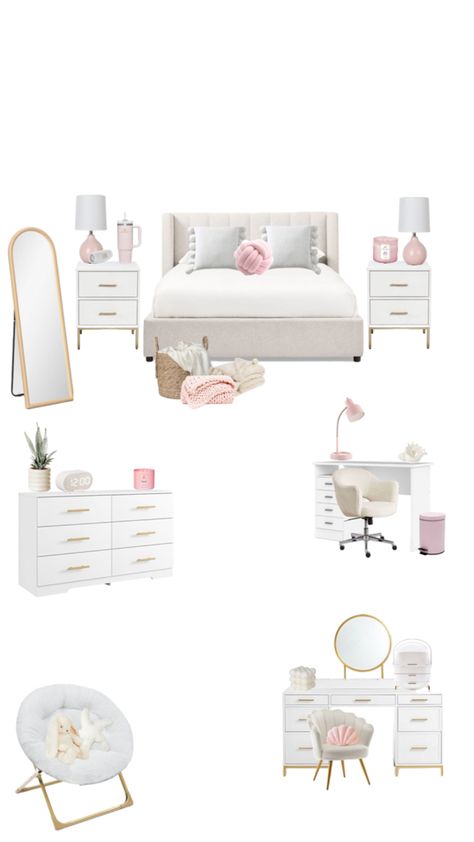 Room Idea Layout, Pink And White Bedroom Ideas Small Rooms, Light Pink Aesthetic Bedroom Ideas, Pink And White Room Inspiration, Nyc Room Ideas, Pink Gold And White Room, White Gold And Pink Bedroom, Pink And White Room Ideas, Vanity Ideas Bedroom Aesthetic