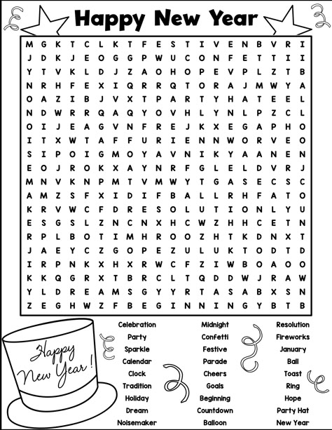 Print out this free New Year's word search! New Year's Kids Activities, 2025 Ideas New Year, New Years Activities 5th Grade, New Years Learning Activities, New Years Themed Activities For Kids, New Years Reflection Questions Kids, New Year Questions For Kids, New Years Eve Kids Countdown Activities, Nye Coloring Page