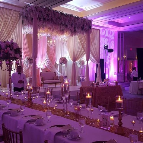 Beautiful set up by Elegant Affairs. I couldn't be happier with my venue and decorations. Fairytail Quince Theme, Quinceanera Set Up Ideas, Sweet 16 Set Up, Quince Set Up, Elegant Theme Party Ideas, Sweet 16 Venues, Elegant Party Themes, Elegant Sweet 16, Purple Sweet 16