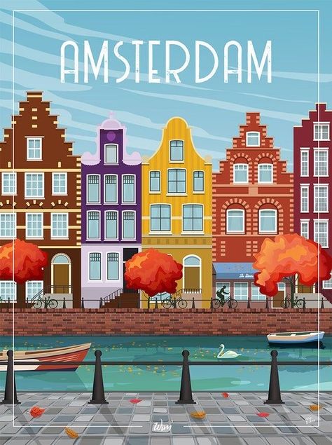 Amsterdam Illustration, Amsterdam Poster, Amsterdam Art, Vintage Poster Design, Travel Postcard, Retro Travel Poster, Images Vintage, Travel Illustration, Travel Wall Art