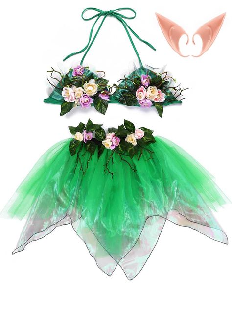 PRICES MAY VARY. Fairy costume set has made of good quality tulle, laser organza , flower and soft lining, it is comfortable and soft for you to wear all day on Halloween. Green fairy costume waist size can be stretched from 65cm/25.5’’ to 100cm/39.3’’, length of skirt is 53cm/20.8’’. Free size of fairy crop top so there is no worry about the size. Adult fairy costume with light color flower, green leaves and branch will make you dress up as a sexy forest fairy, and draws everyone’s attention. A Green Fairy Costume, Fairy Costume Halloween, Fairy Rave Outfit, Forest Fairy Costume, Woodland Fairy Costume, Tulle Costumes, Fairy Costume Women, Adult Fairy Costume, Pixie Costume