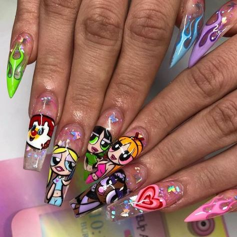 @thenailbabeuk • Instagram photos and videos Burner Phone, Cartoon Nail Designs, Disney Acrylic Nails, Clear Acrylic Nails, Nail Store, Funky Nail Art, Purple Acrylic Nails, Nail Drawing, Airbrush Nails