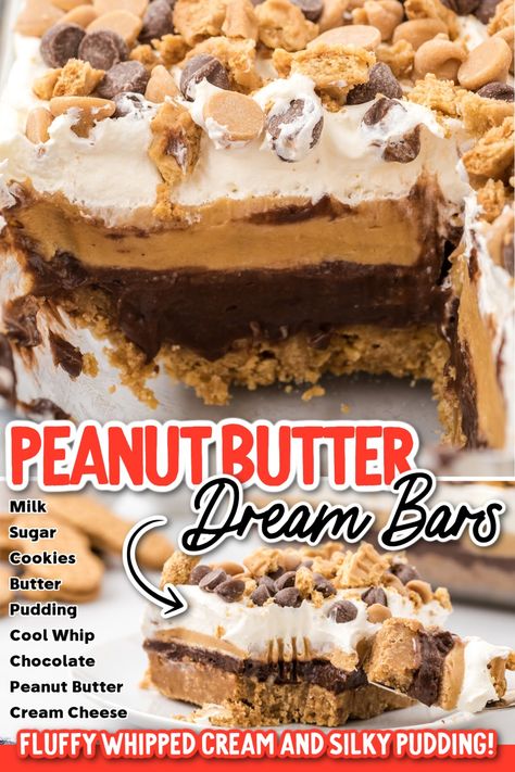 a slice of Peanut Butter Chocolate Dessert (Dream Bars) with a fork grabbing a piece. Peanut Butter Chocolate Dream Bars, Chocolate Peanut Butter Pudding Dessert, Chocolate Peanut Butter Layer Dessert, Peanut Butter Graham Cracker Dessert, Chocolate Peanutbutter Dessert, Layer Desserts, Peanut Butter Dream Bars, Chocolate Peanut Butter Cheesecake Bars, Pan Bars