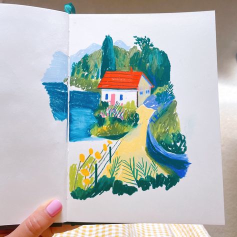 Oil Pastel And Colored Pencil, Urban Watercolor Sketching, Gouache Art Journal, Sketchbook Oil Pastels, Landscape Crayon Art, Gouache And Colored Pencil, Summer Sketchbook Ideas, Colored Pencil And Gouache, Sketchbook Ideas Gouache