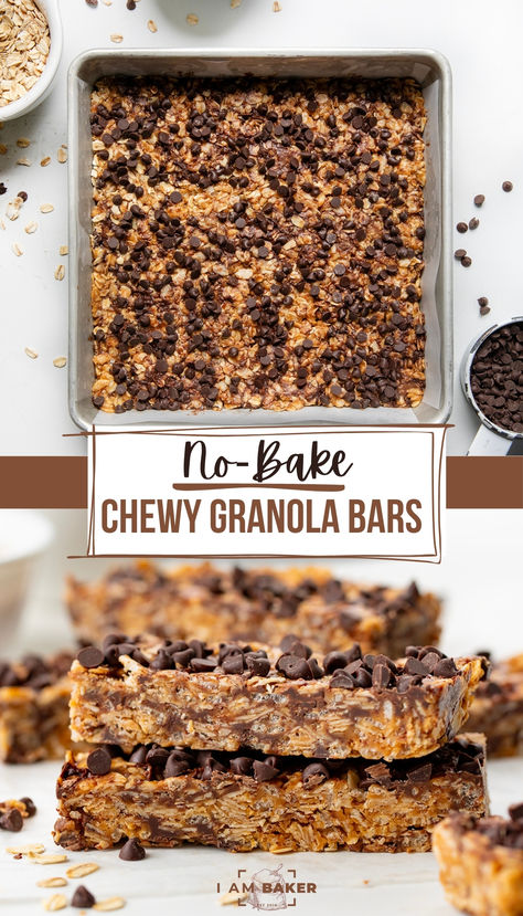 one image is a silver pan of uncut granola bars, the second is two bars on a countertop No Bake Chewy Granola Bars, Easy No Bake Breakfast, No Bake Snacks For Kids, Granola Ideas, Grab And Go Snacks, Chewy Granola Bars Homemade, Cereal Bars Recipes, Peanut Butter And Honey, Granola Bar Recipe