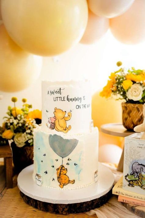 Don't miss this lovely Winnie the Pooh baby shower! The cake is so sweet! See more party ideas and share yours at CatchMyParty.com Pooh Baby Shower Cake, Pooh Baby Shower Ideas, Bear Baby Shower Cake, Winnie The Pooh Cake, Bear Baby Shower Theme, Baby Boy Shower Party, Classy Baby Shower, Surprise Baby Shower, Shower Vintage