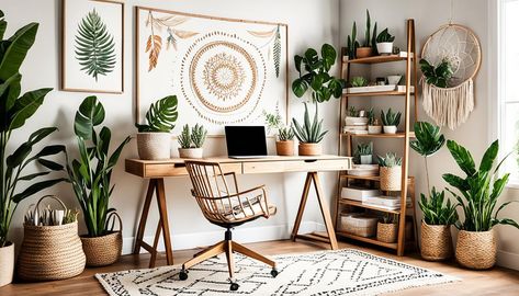 Embrace bohemian bliss with effortless boho décor ideas for your home office – earthy textures, eclectic accents, and casual vibes for a creative workspace. Earthy Boho Office, Earthy Workspace, Modern Boho Office Ideas, Earthy Modern Office, Bohemian Office Design, Bohemian Home Office Decor, Earthy Classroom Decor, Bohemian Home Office Ideas, Earthy Office Decor