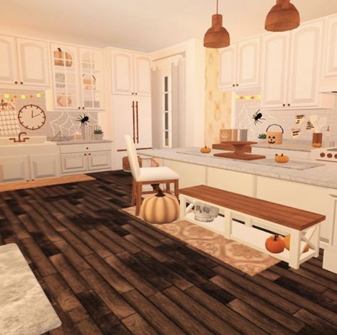 Bloxburg Kitchen Ideas Autumn, Bloxburg House Ideas Kitchen Fall, Halloween Bloxburg Houses Interior, Fall Themed Kitchen Bloxburg, Autumn Kitchen Bloxburg, Bloxburg Autumn Kitchen, Autumn Bloxburg House Interior, Bloxburg Halloween Kitchen, Bloxburg Halloween Bedroom