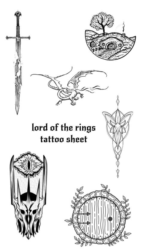 lord of the rings tattoo sheet Hobbit Tattoo, Tolkien Tattoo, Lotr Tattoo, Lord Of The Rings Tattoo, Floral Thigh Tattoos, Rings Tattoo, Bookish Tattoos, Engraving Tattoo, Tattoo Sheet