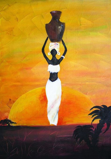 African Sunset Painting, African Woman Art, African Drawings, Native African, African Women Painting, Africa Painting, African Artwork, African Women Art, Afrique Art